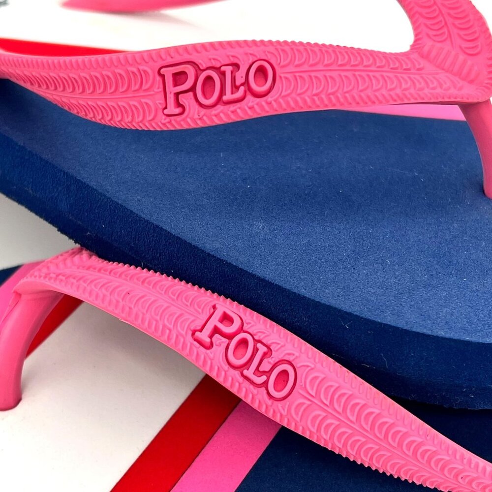 Polo Ralph Lauren Womens Size 5 Navy & Pink Striped Flip Flops Pony & 3 Logo New - Picture 8 of 15